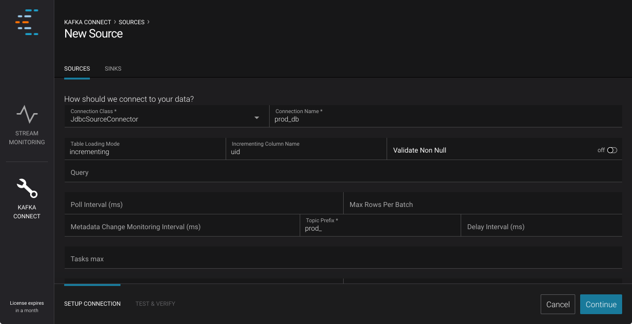 Example: Configuring a database connection in Control Center