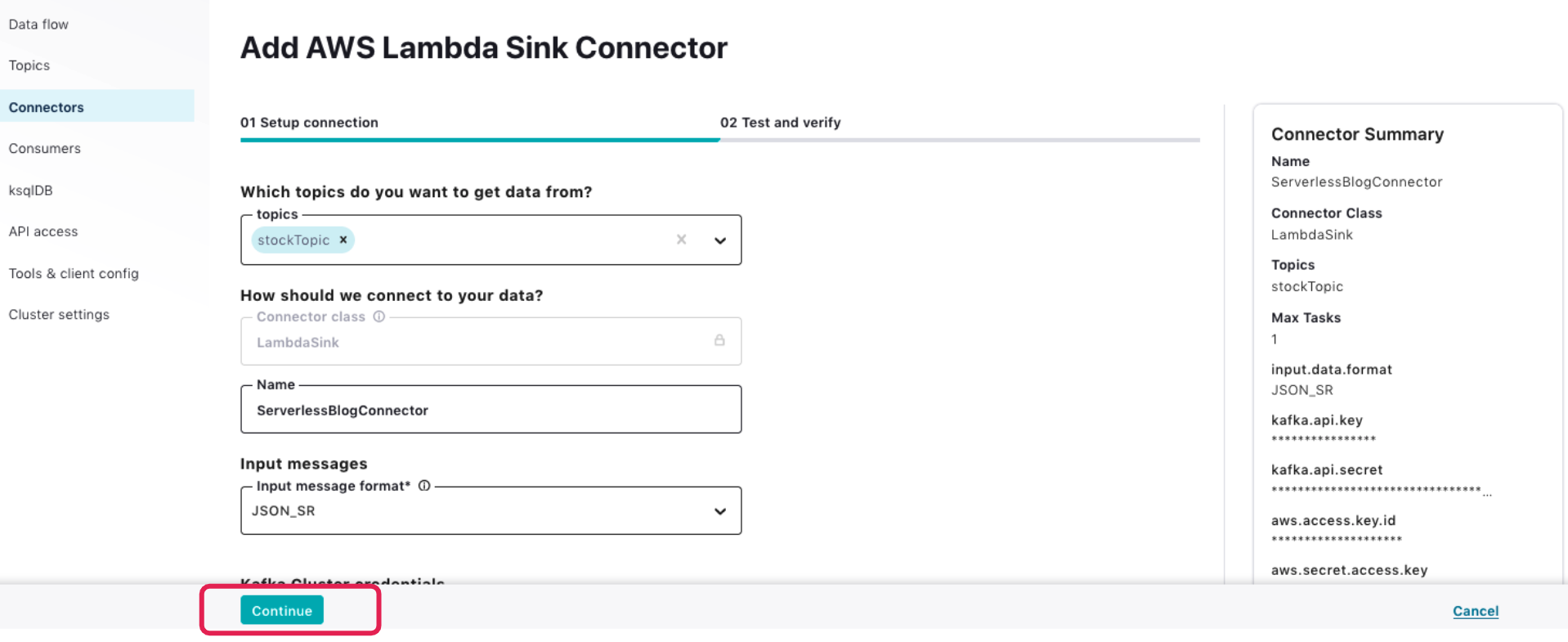 Add AWS Lambda Sink Connector | stockTopic