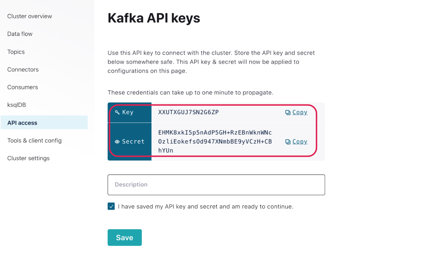 API access | Kafka API keys | Key | Secret