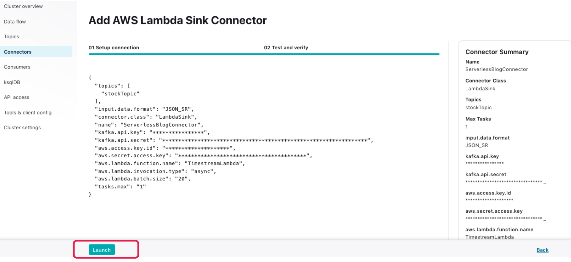 Add AWS Lambda Sink Connector | Launch