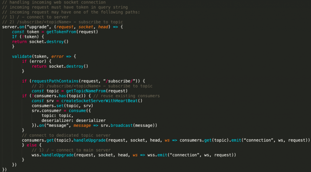 handling incoming web socket connection | incoming request must have token in query string