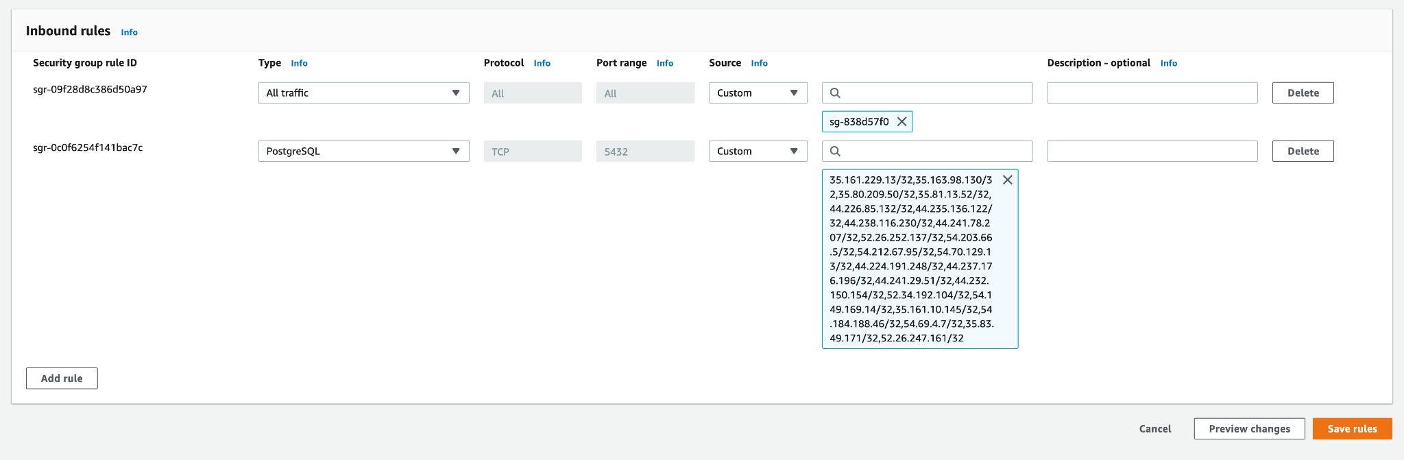 Create a new inbound rule with type “PostgreSQL” source set to “custom” and then paste in the IP addresses from the list 