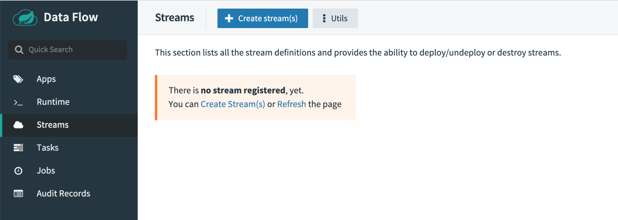 Data Flow Create streams | no stream registered|1999x713
