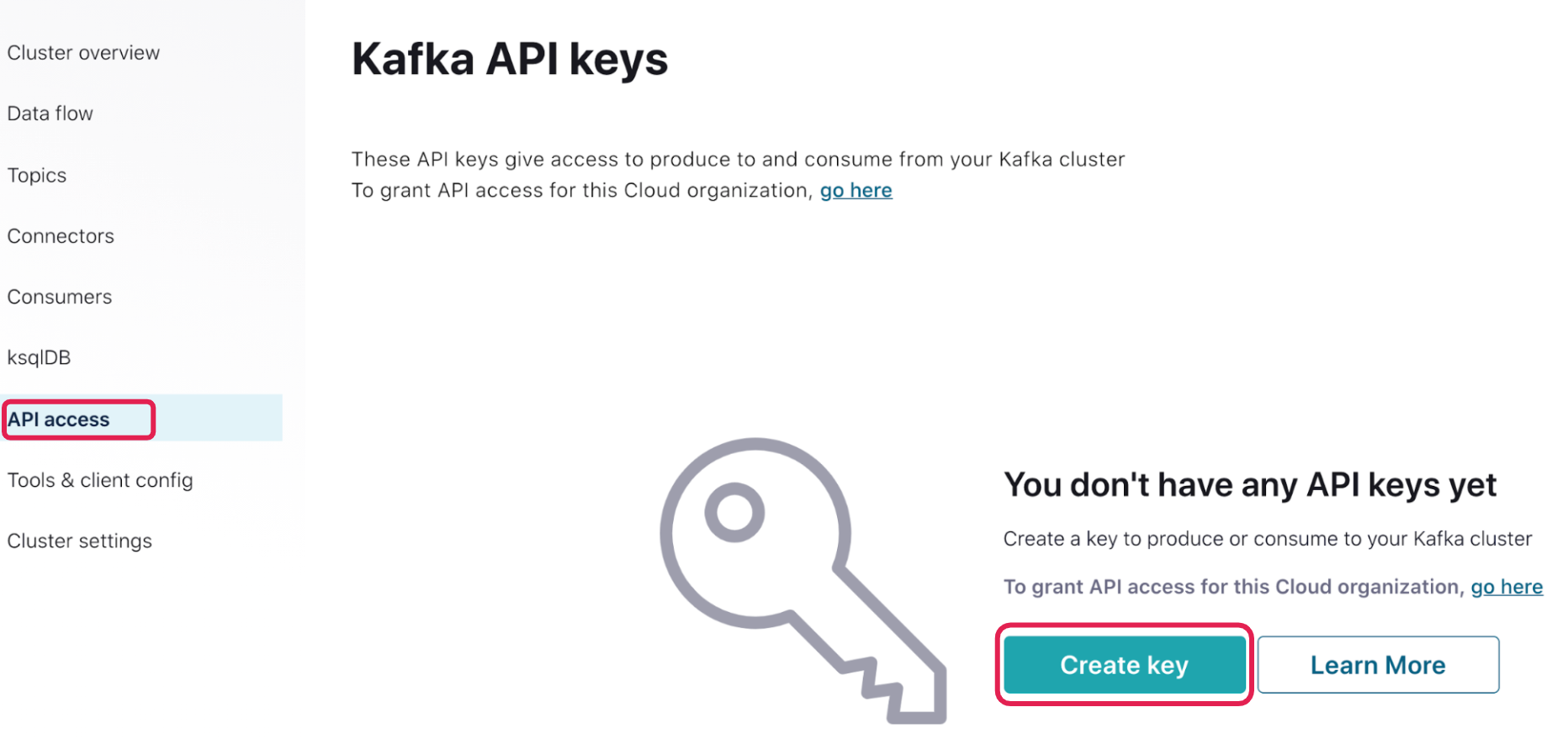 Kafka API keys | API access | Create key