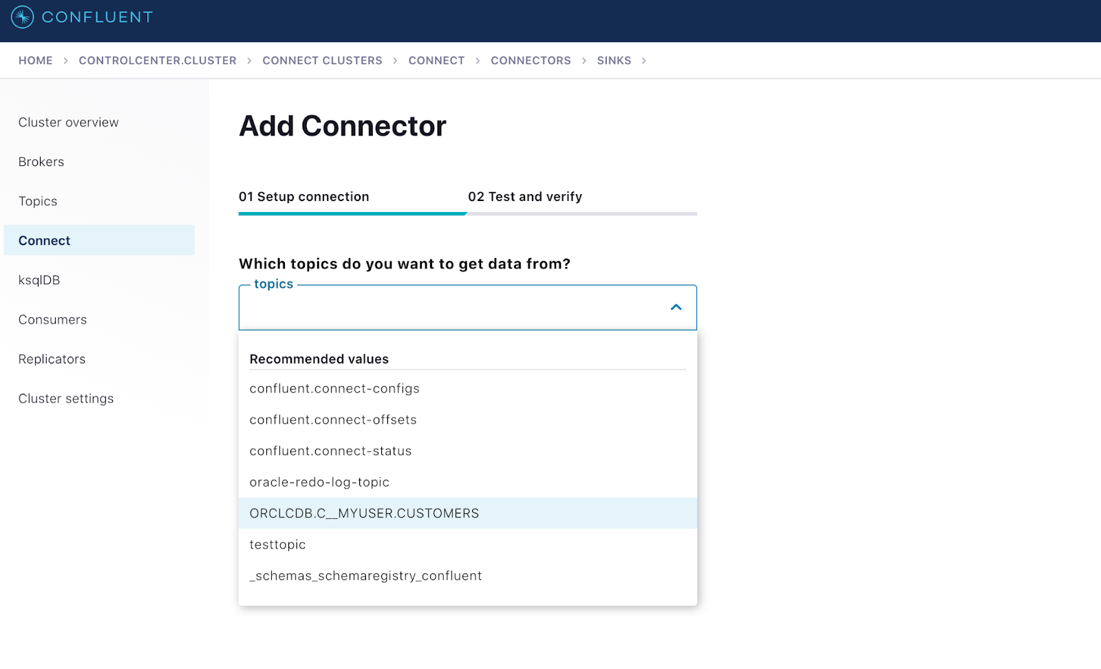 Shows MarkLogic Sink connector configured to consume data from a CDC topic