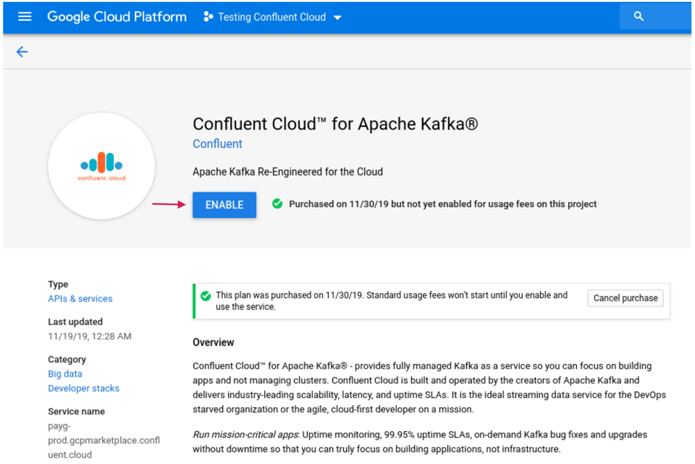 Figure 4. Enabling the Confluent Cloud API on GCP