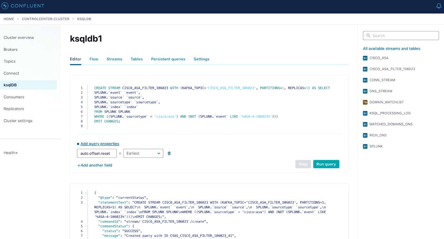 Selecting specific events from Splunk in ksqlDB for downstream analysis in Elastic 