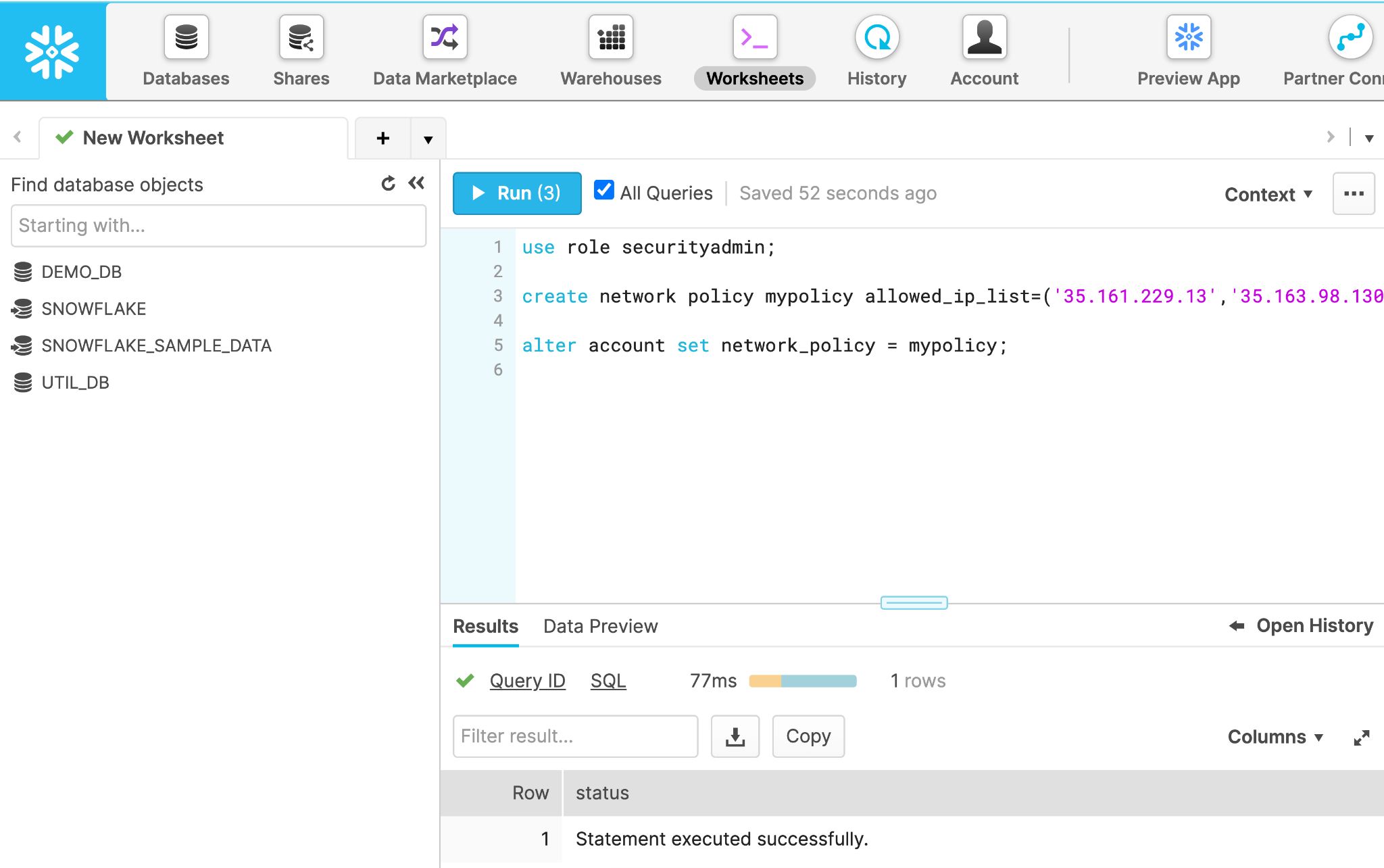 Snowflake management console showing the network policy creation