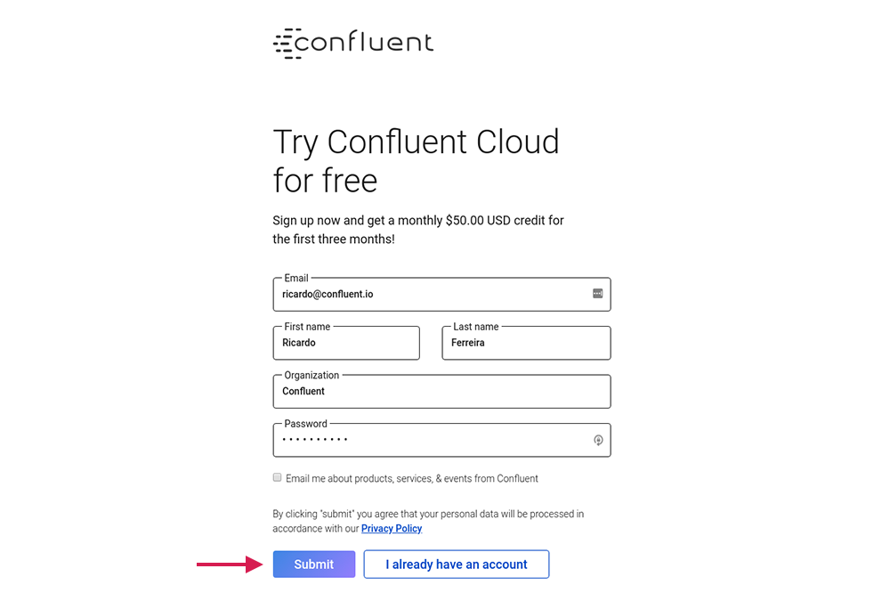 Figure 6. Registering the administrator for Confluent Cloud